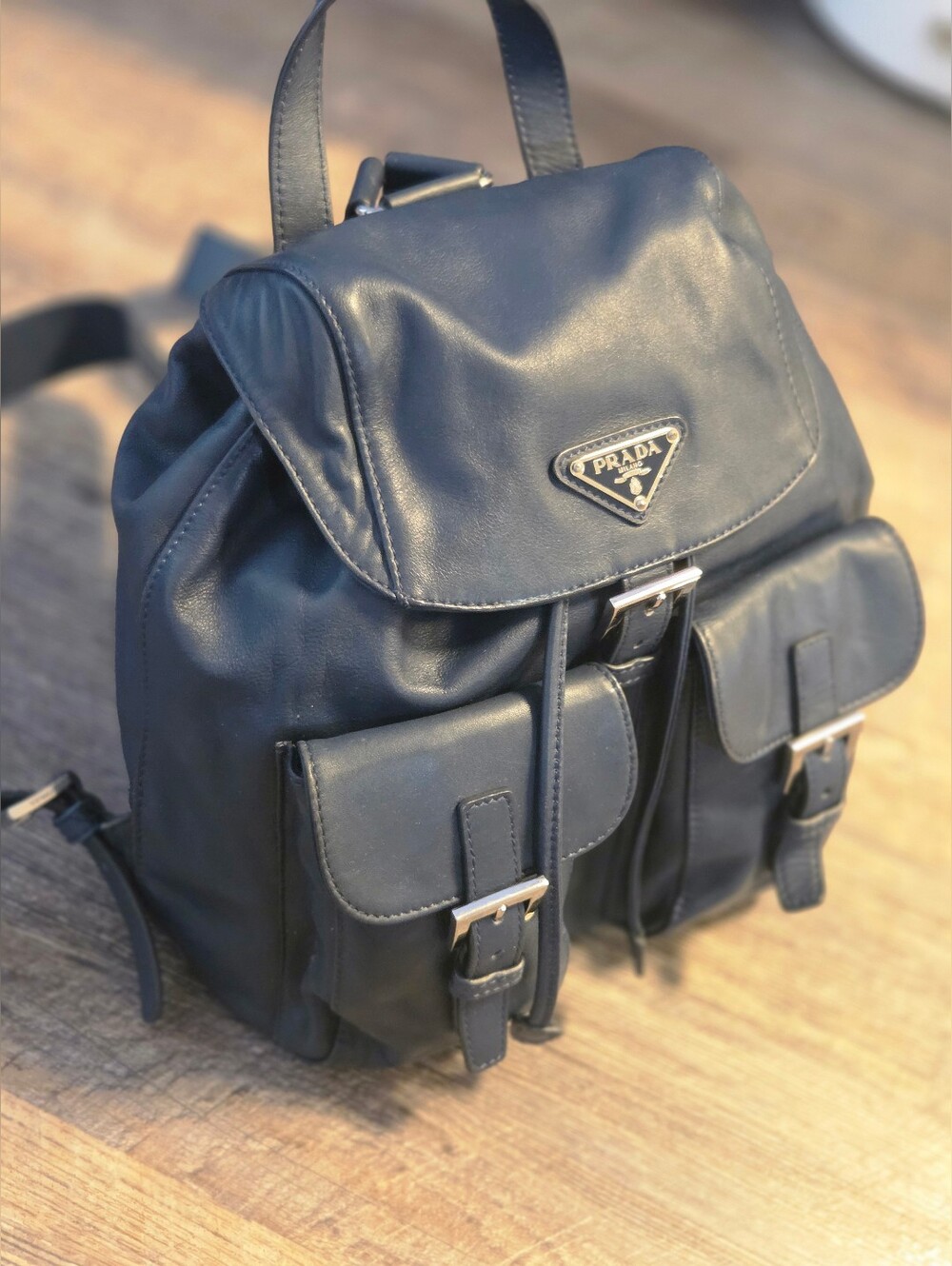Prada Navy Blue Leather Silver Hardware Purse Small Backpack Pockets Adjustable